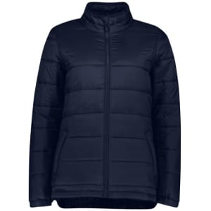 A navy women's puffer jacket with a zip front and high collar, featuring a simple design and no visible patterns.
