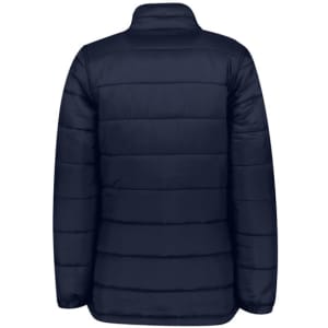 A dark navy women's puffer jacket featuring a smooth finish and horizontal quilted design on the back.