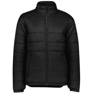 A black puffer jacket with a zip front and raised collar, featuring a logo on the chest.