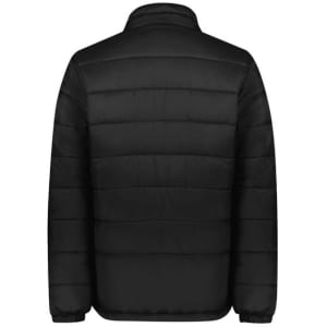 A black puffer jacket featuring a quilted design and a collar. The jacket has a logo on the back.