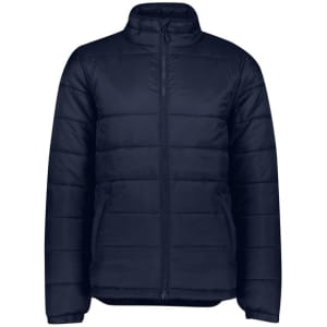 A navy puffer jacket featuring a zip front, high collar, and side pockets, with a logo on the upper left.
