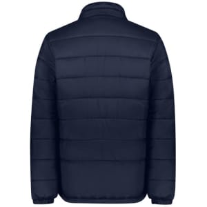 A navy blue men's puffer jacket with a simple design and a collar, featuring a logo.