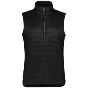 A black women's expedition vest with a zip front and padded design. It has a high collar and no sleeves.