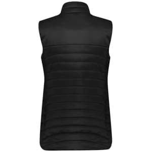 A black women's expedition vest with a high collar and quilted design, featuring a logo on the front.