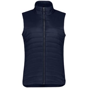 A navy womens expedition vest with a zip front and a high collar, featuring a quilted design and no sleeves.