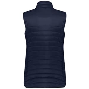 A navy women's expedition vest with a high collar and quilted design, featuring a logo on the back.