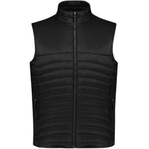 A black men's expedition vest with a zip front and padded design, featuring side pockets and a high collar.