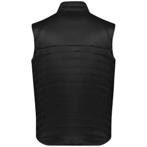 A black men's expedition vest featuring a smooth front and quilted back design. It has a logo on the fabric.