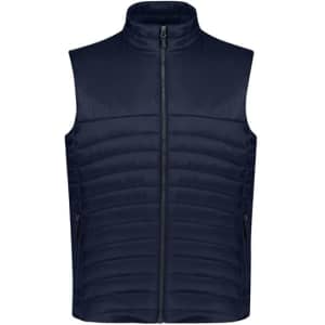 A navy blue men's expedition vest with a high collar and zippered front. It features two side pockets and a branding logo.