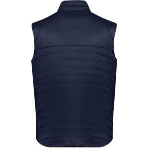 A navy men's expedition vest with a quilted design and a high collar, featuring no sleeves and a branding logo.
