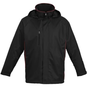 A black unisex jacket with a hood and contrast piping, featuring a front zip and side pockets. It has a logo.