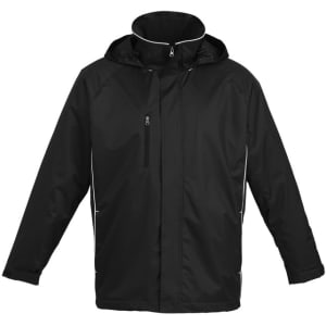 A black unisex jacket with a hood, featuring a zippered front and side detailing, accompanied by a logo.