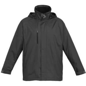 A unisex black core jacket featuring a zip front and hood, with a logo on the chest.