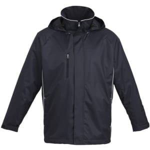 A black unisex jacket featuring a hood and light reflective detailing, with a logo on the front.