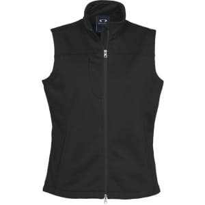 A black women's softshell vest with a high collar and a front zip, featuring a logo on the chest area.