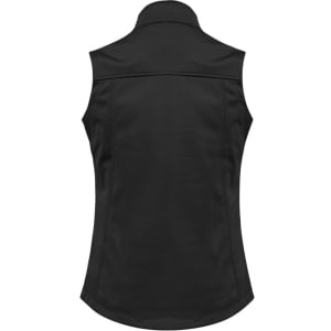 A women's softshell vest in black, featuring a streamlined design and a collar. Includes a logo.