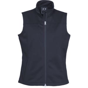 A women's softshell vest in black with a high collar and a zip front, featuring a logo on the upper left side.
