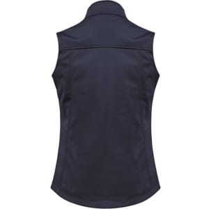 A women's softshell vest in navy blue, featuring a classic sleeveless design and a back view. It has a logo.