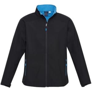 A black kids' jacket featuring a blue interior and zippers, with a logo on the front.