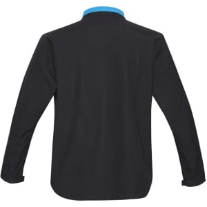 A black jacket with a blue collar, featuring long sleeves and a rear view design, includes a logo.