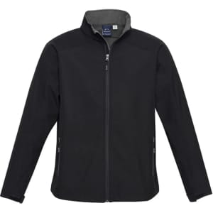 A black jacket with a front zipper, featuring side pockets and a collar. It includes a logo on the chest area.