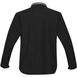 A black jacket with long sleeves and a grey collar, featuring a branding logo.