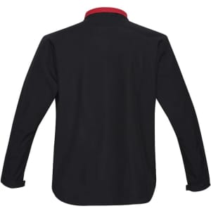 A black soft shell jacket with a red collar, featuring long sleeves and a logo.
