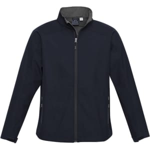 A navy jacket with a stand-up collar, featuring a zip front and side pockets, includes a logo.