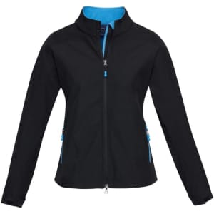 A soft shell jacket in black with blue accents and a zippered front, featuring two side pockets and a logo.