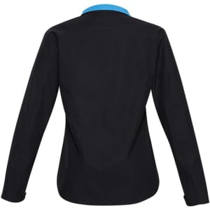 A soft shell jacket in black with a blue collar, featuring a branded logo on the back.