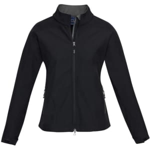 A black soft shell jacket featuring a zip front and side pockets, with a logo on the front.