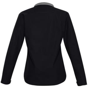A soft shell jacket in black, featuring a collar and long sleeves, with a logo on the back.