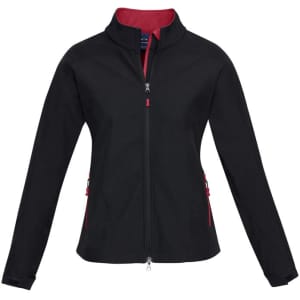 A black soft shell women's jacket featuring red accents and a zippered front, with side pockets and a logo.