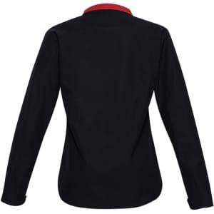 A black women's soft shell jacket with a red collar, featuring a logo on the back.
