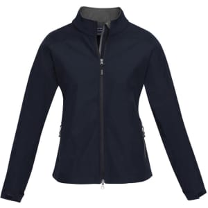 A soft shell jacket in navy blue with a zippered front and side pockets, featuring a logo on the chest.