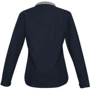 A soft shell jacket in navy with a collar and a fitted design. It features a branding logo.