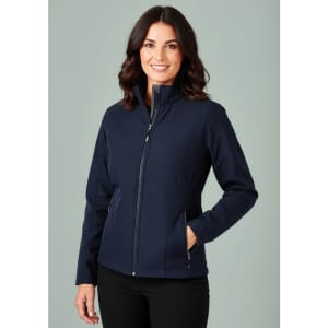 A navy blue soft shell jacket for women, featuring a full zip and side pockets, with a model showcasing it.