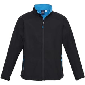 A black soft shell jacket with a blue interior, featuring a zip front and side pockets. It has a logo on the chest.