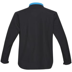 A black soft shell jacket with a blue collar, featuring long sleeves and a logo.