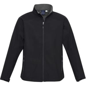 A black soft shell jacket with a zip front, side pockets, and a collar. It features branding on the inside label.