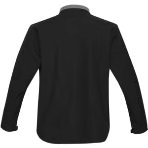 A black soft shell jacket with a grey collar, featuring long sleeves and a sleek design. Includes a logo.
