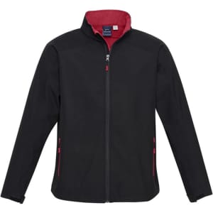A black soft shell jacket with red detailing, featuring a zip front and pockets. It has a logo on the chest.