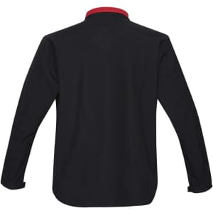 A soft shell jacket in black with a red collar, featuring long sleeves and a branded logo.