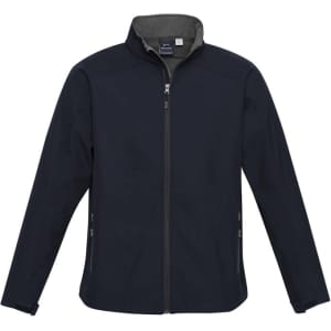 A navy soft shell jacket with a zip front, long sleeves, and side pockets. Features a logo on the chest.