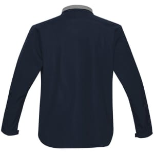 A navy soft shell jacket featuring a light grey collar, with long sleeves and a back view. It has a logo.