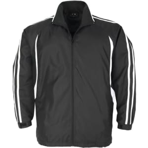 A black track jacket featuring white stripes along the sleeves and a logo on the front.