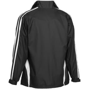 A black track jacket featuring white stripes along the sleeves. It has a sporty, casual design and includes a logo.