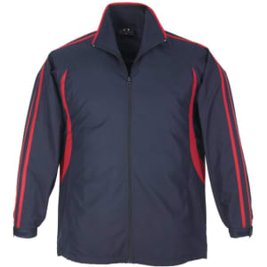 A unisex flash jacket in navy blue with red accents and a front zip, featuring a logo.