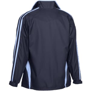 A navy track jacket featuring light blue stripes, showcasing a branded logo on the back.