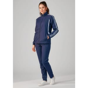 A unisex navy flash jacket with white stripes, paired with matching trousers, featuring a logo.